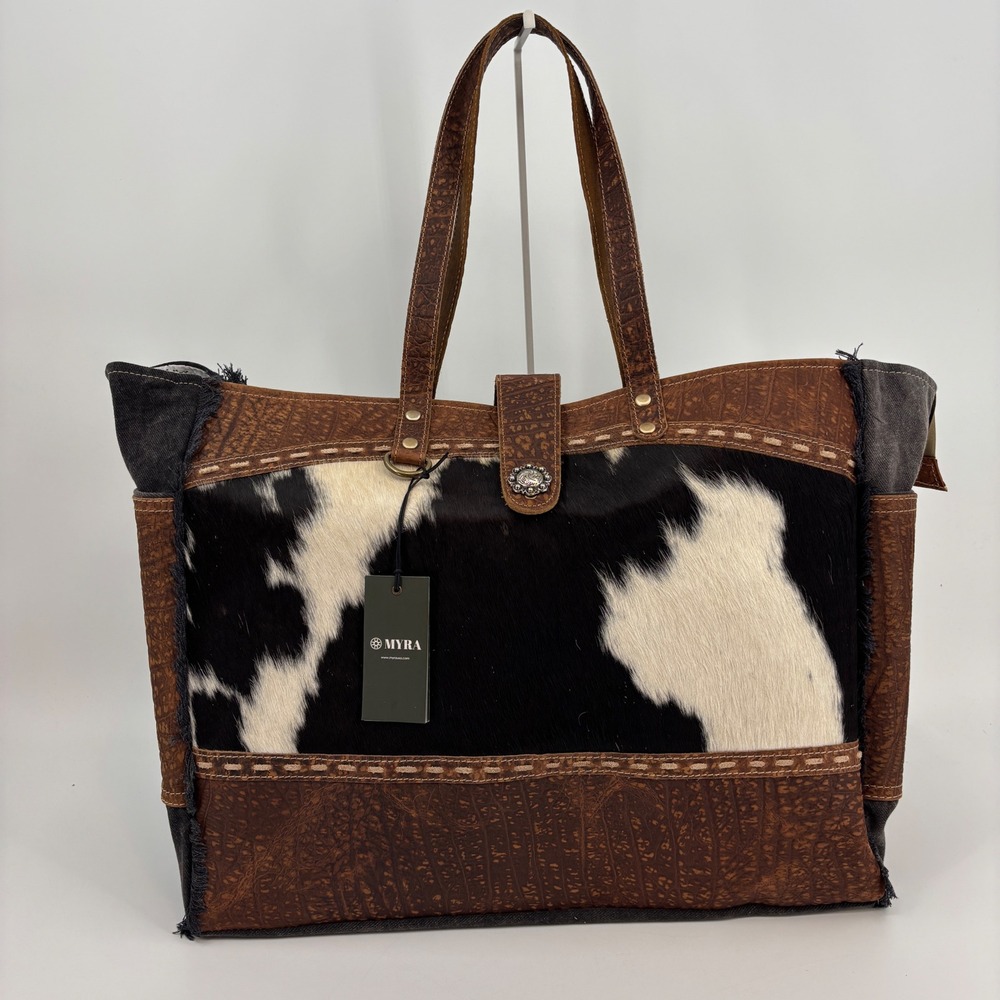 Myra Asher Weekender Bag Women Large Black White Cowhide Leather Canvas S-6780